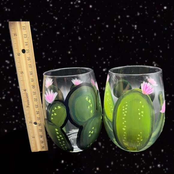 Vintage Libbey Glassware Painted Tumbler Glasses Cactus w Flowers Hand Painted 2 - Picture 6 of 9